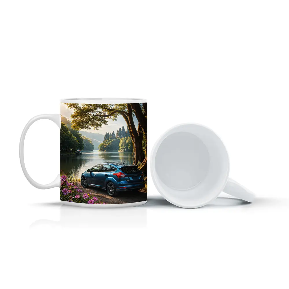 Ford Focus Blue Hatchback By Lake – Mugs