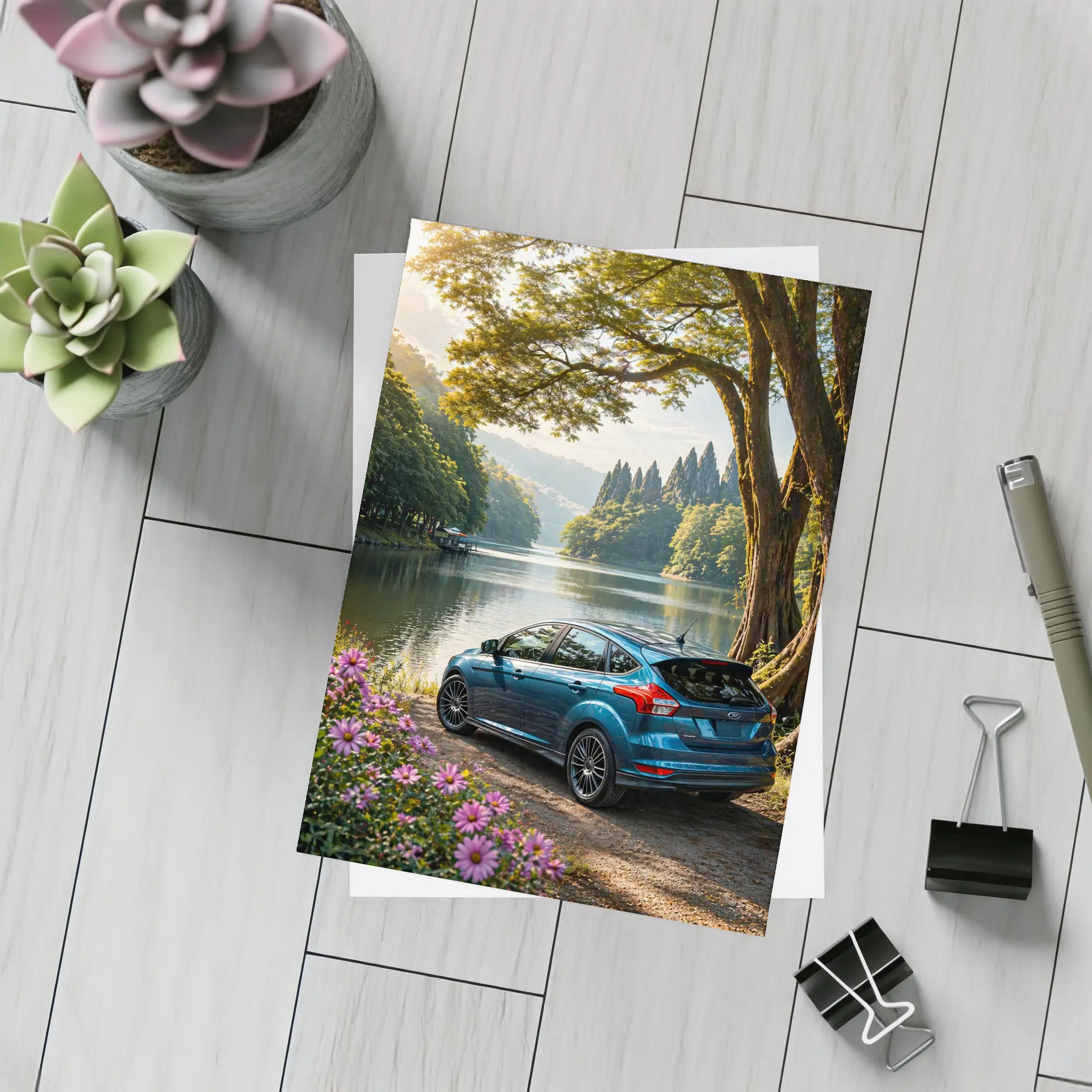 Ford Focus Blue Hatchback By Lake – Postcards