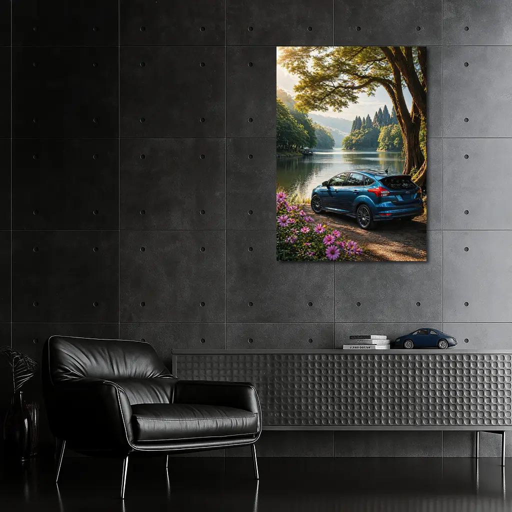Ford Focus Blue Hatchback By Lake – Wall Art