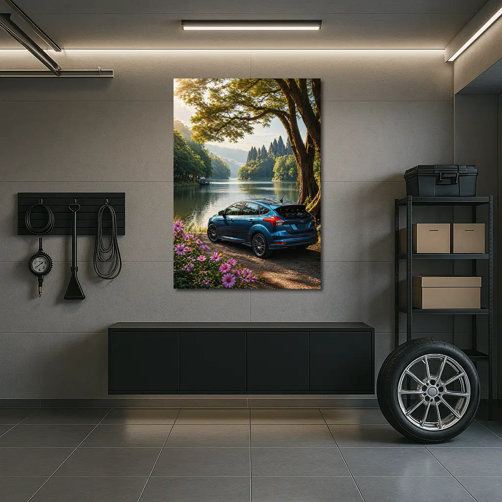 Ford Focus Blue Hatchback By Lake – Wall Art