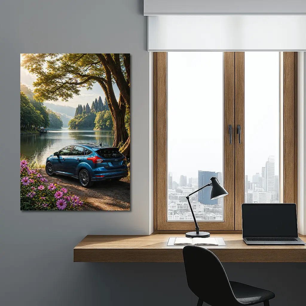 Ford Focus Blue Hatchback By Lake – Wall Art