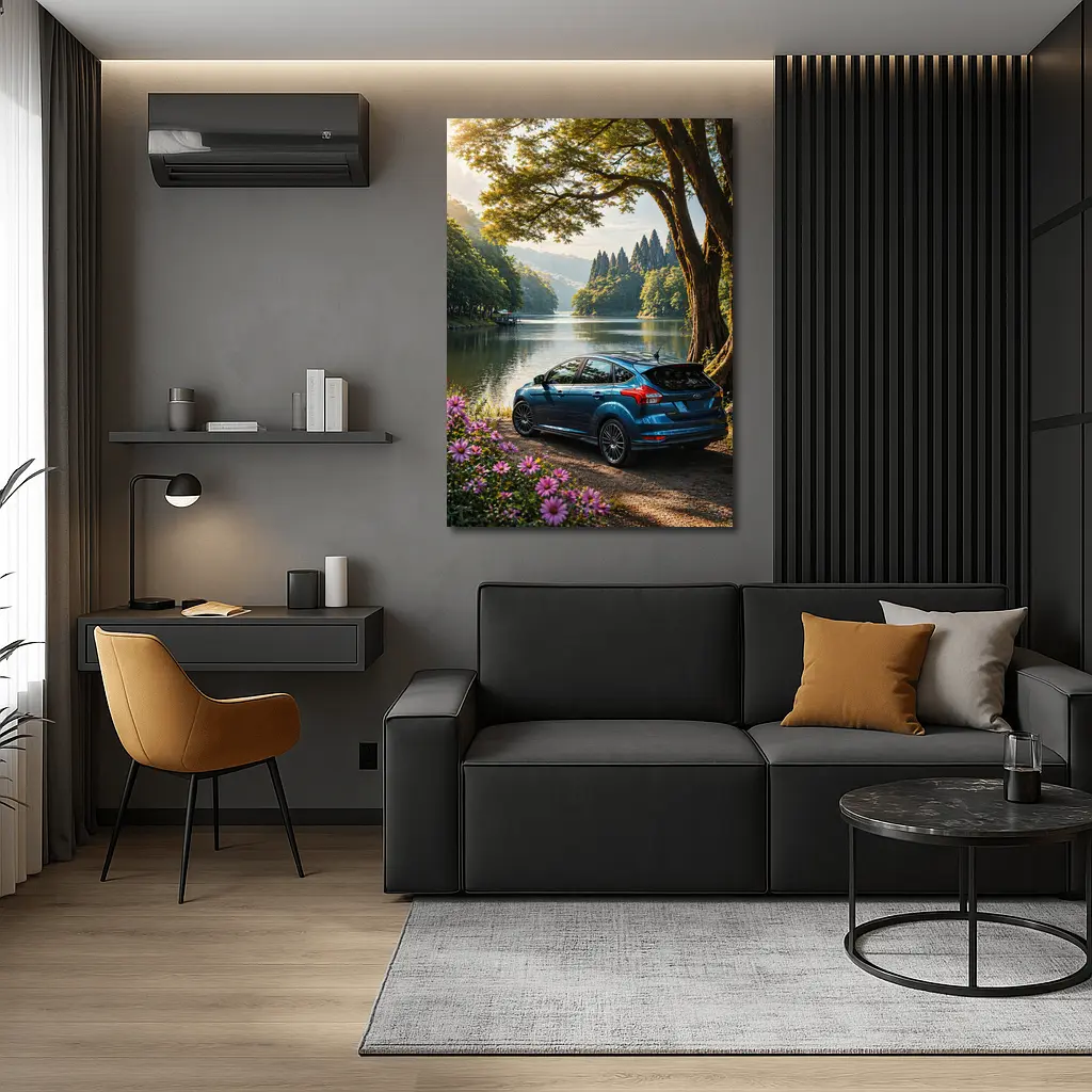 Ford Focus Blue Hatchback By Lake – Wall Art