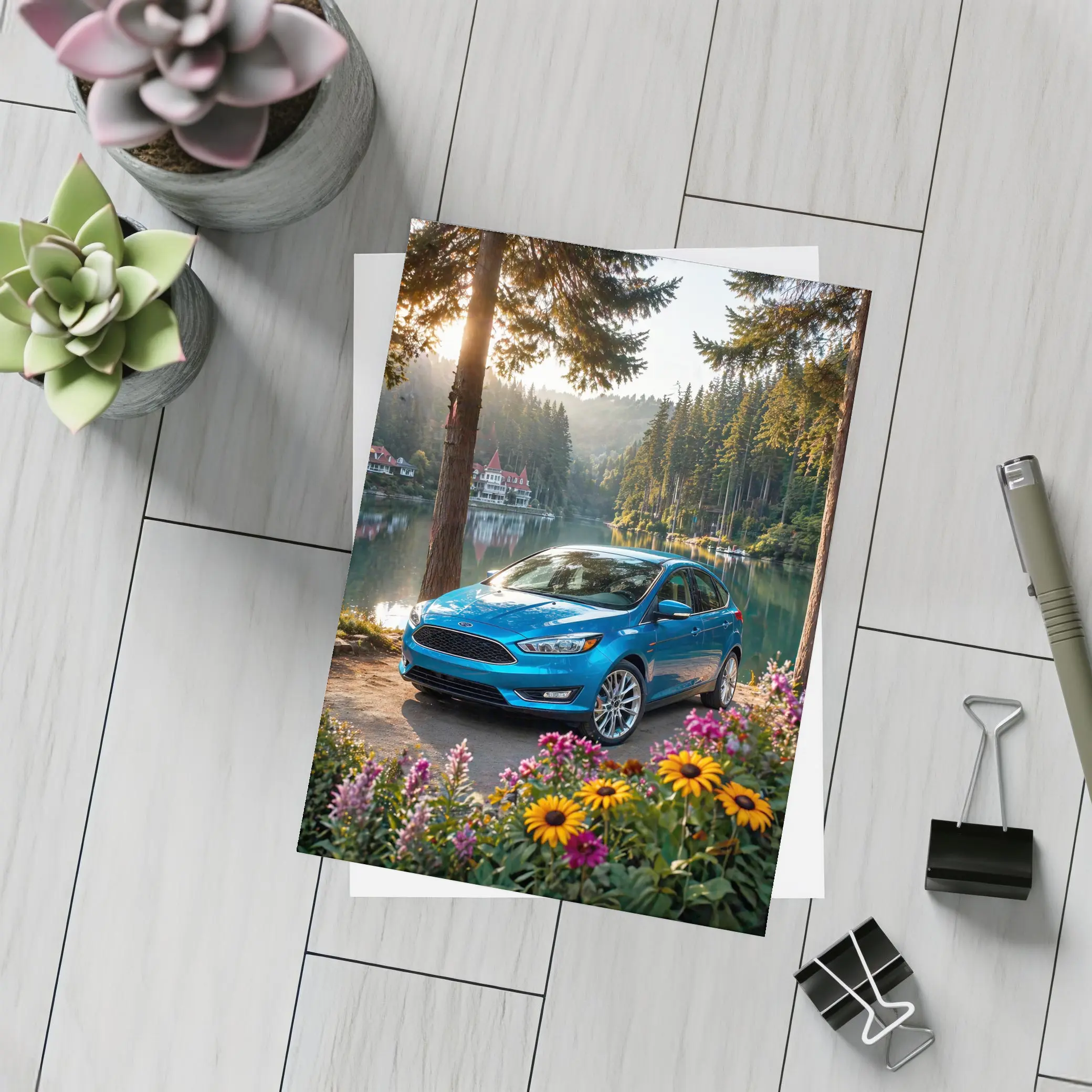 Ford Focus Blue Sedan By Forest Lake – Postcards