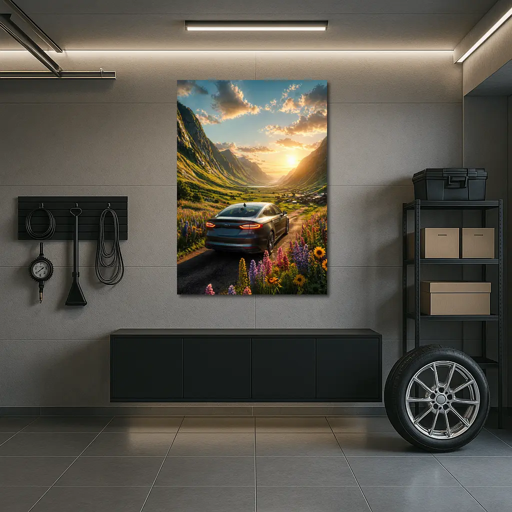 Ford Fusion Sedan Mountain Valley Sunset Drive – Wall Art
