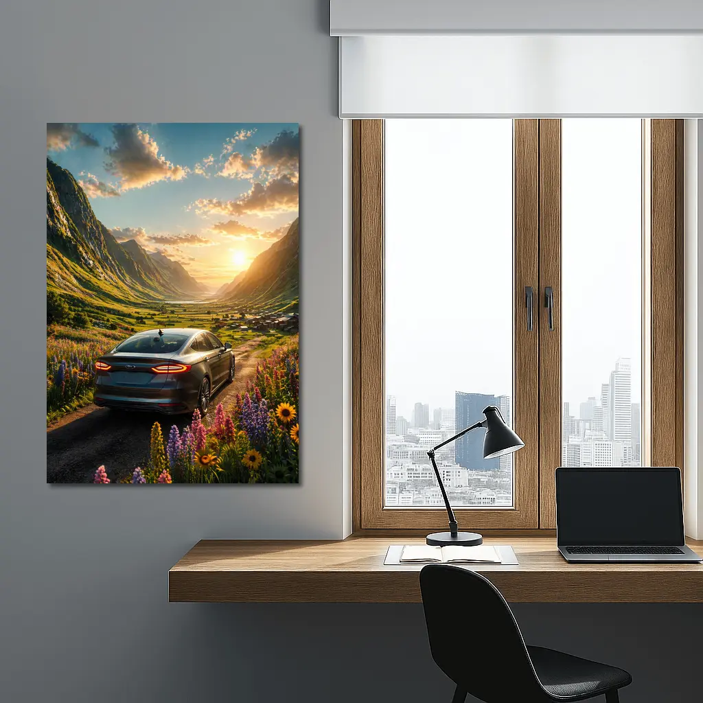 Ford Fusion Sedan Mountain Valley Sunset Drive – Wall Art