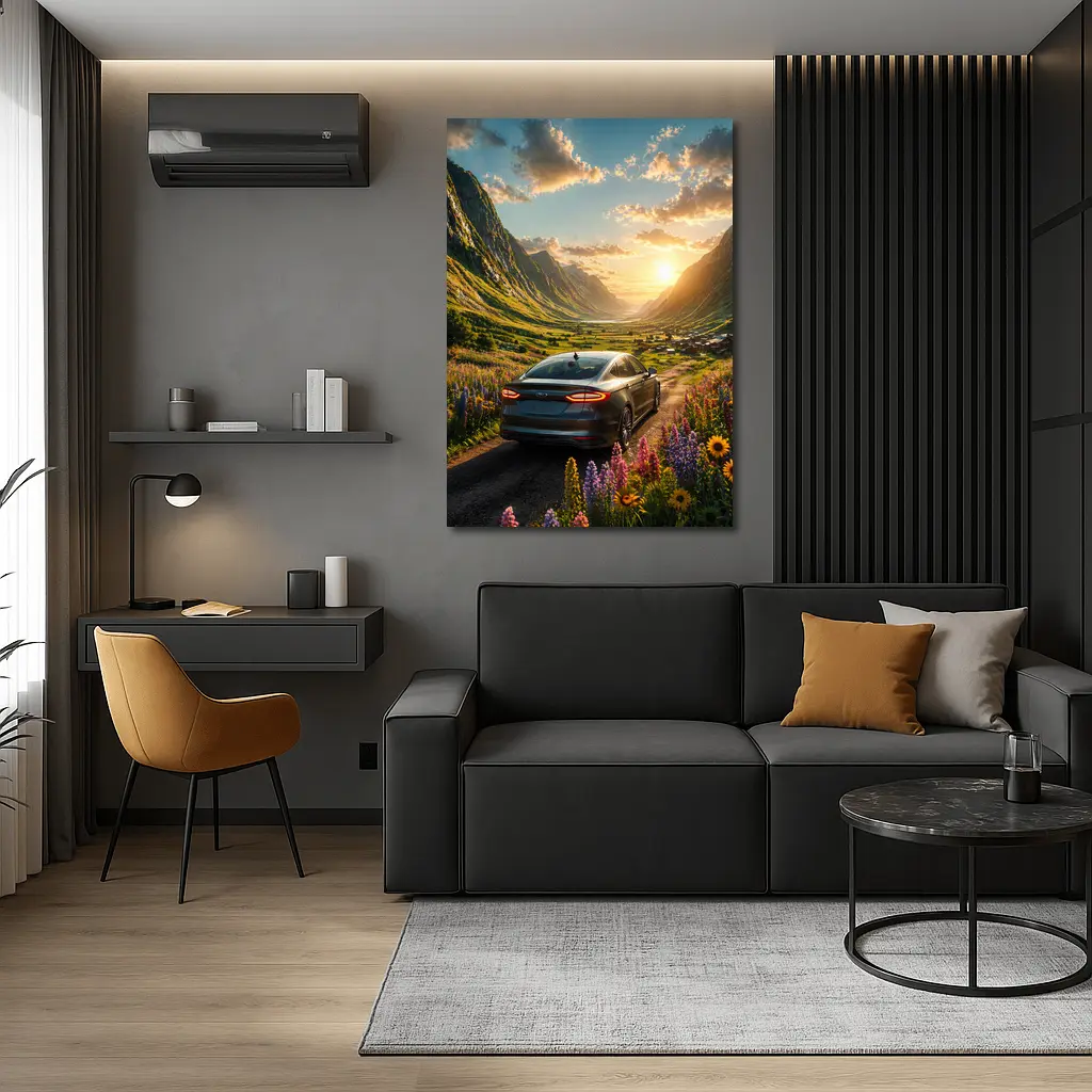 Ford Fusion Sedan Mountain Valley Sunset Drive – Wall Art