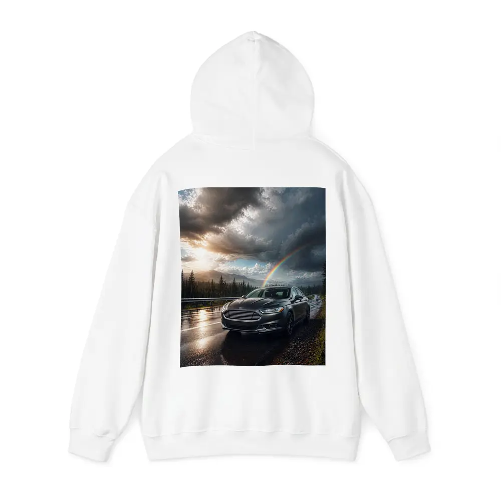 Ford Fusion On Rainy Mountain Road Rainbow – Hoodies