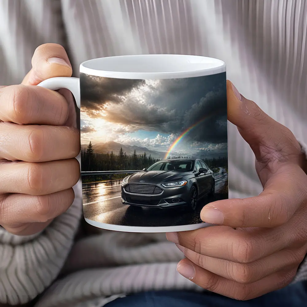 Ford Fusion On Rainy Mountain Road Rainbow – Mugs