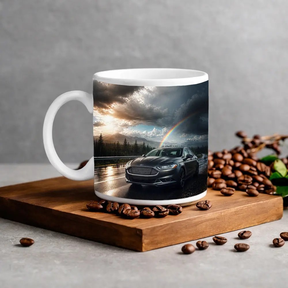 Ford Fusion On Rainy Mountain Road Rainbow – Mugs