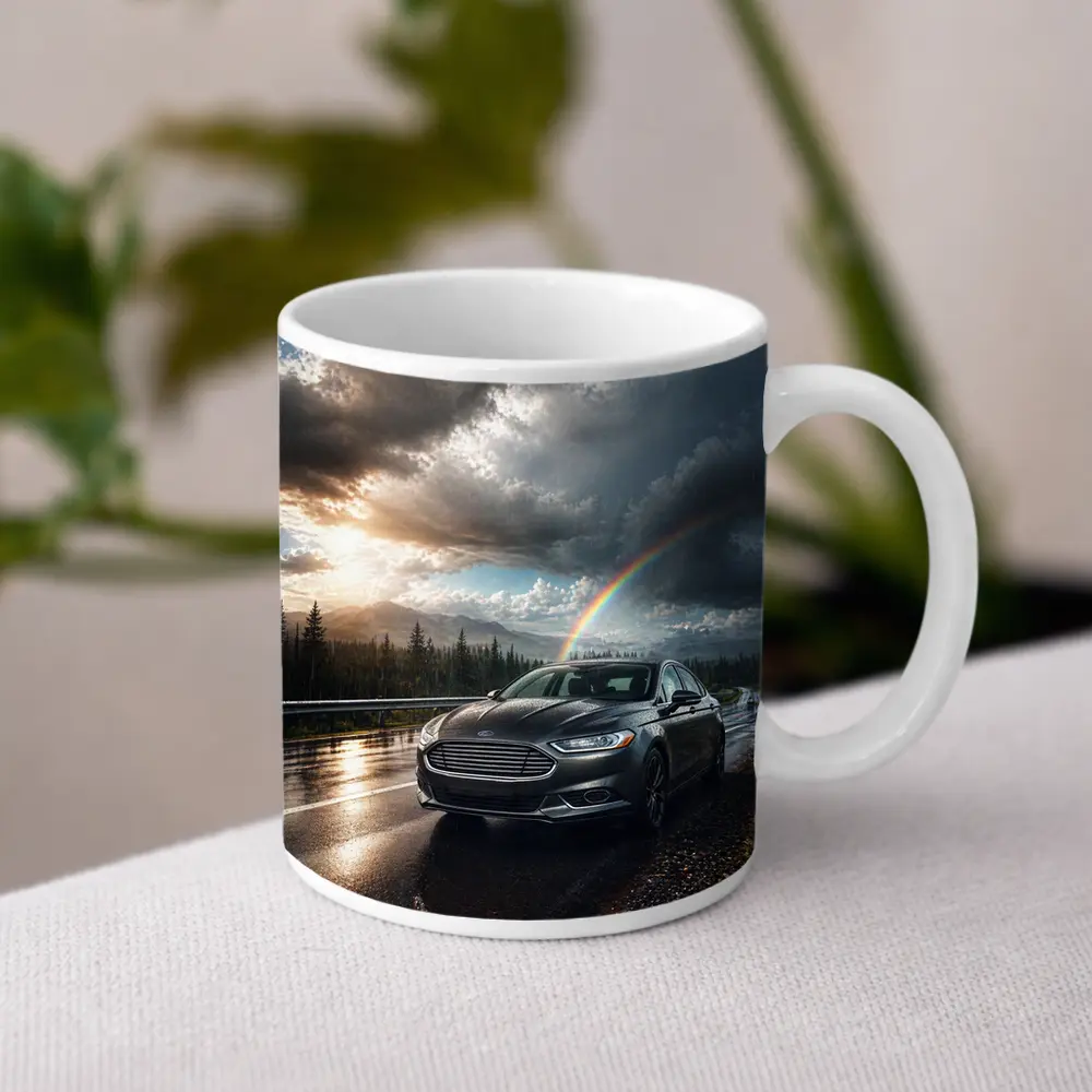 Ford Fusion On Rainy Mountain Road Rainbow – Mugs