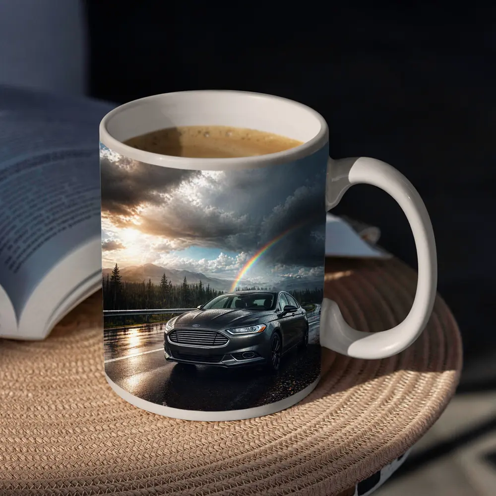 Ford Fusion On Rainy Mountain Road Rainbow – Mugs