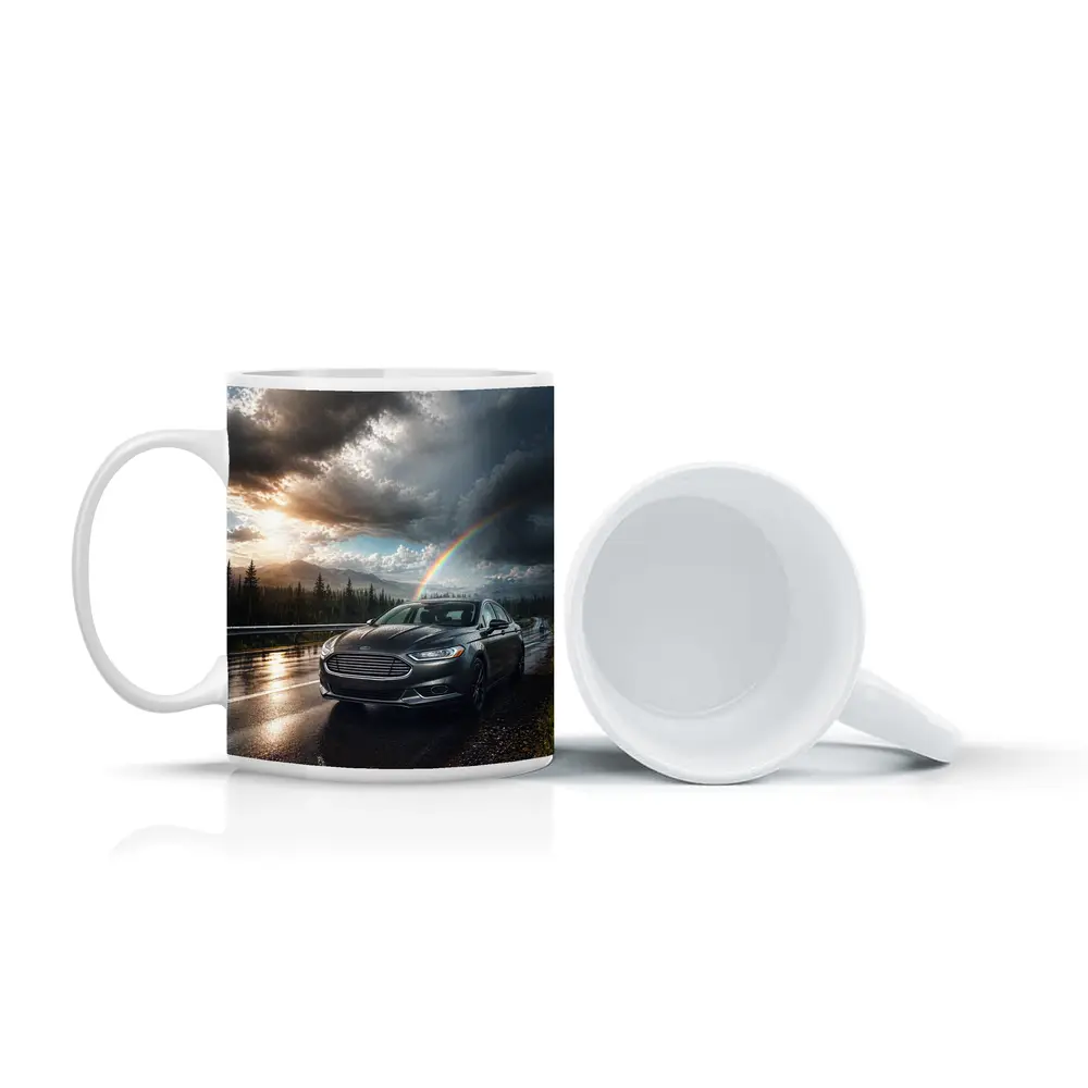 Ford Fusion On Rainy Mountain Road Rainbow – Mugs