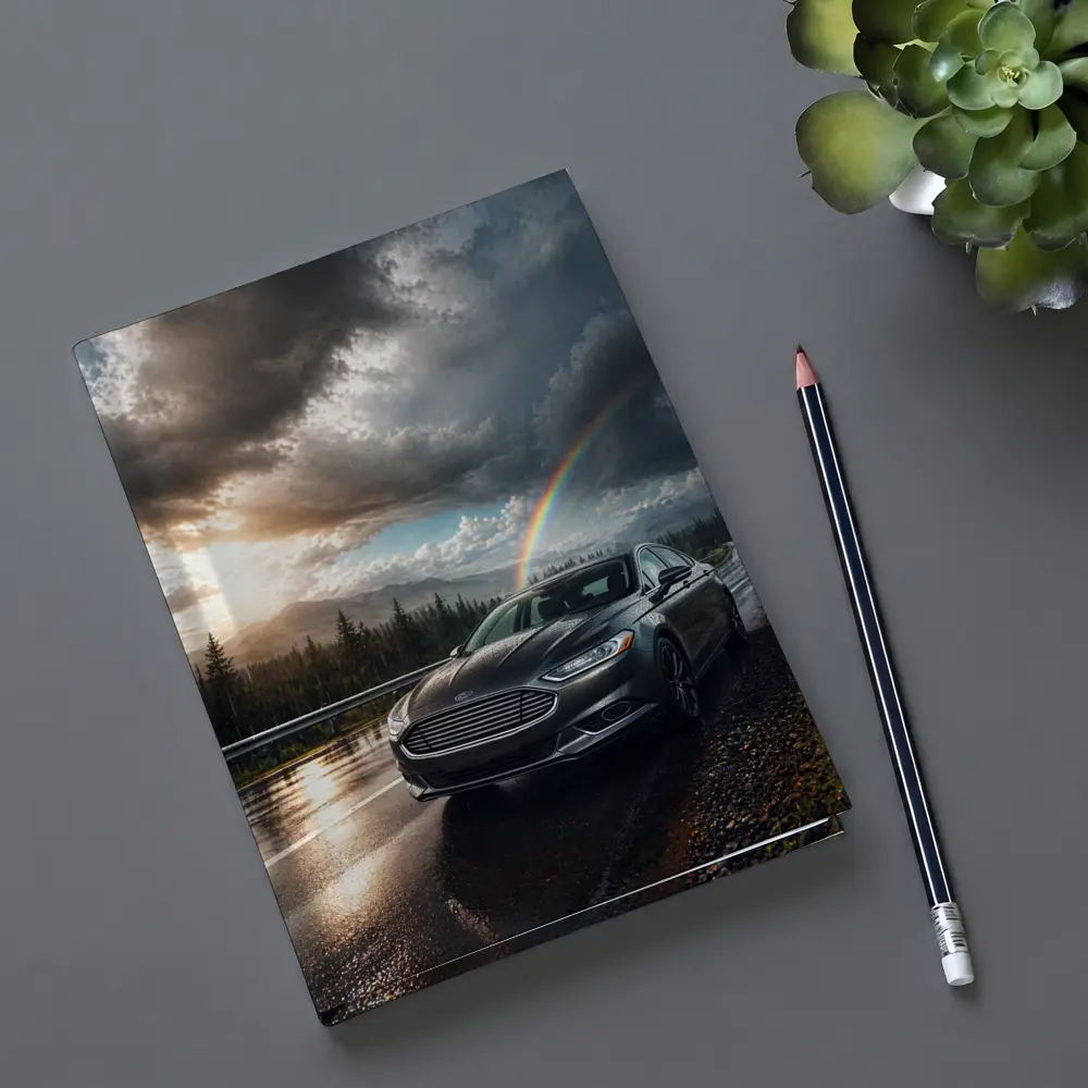 Ford Fusion On Rainy Mountain Road Rainbow – Notebooks