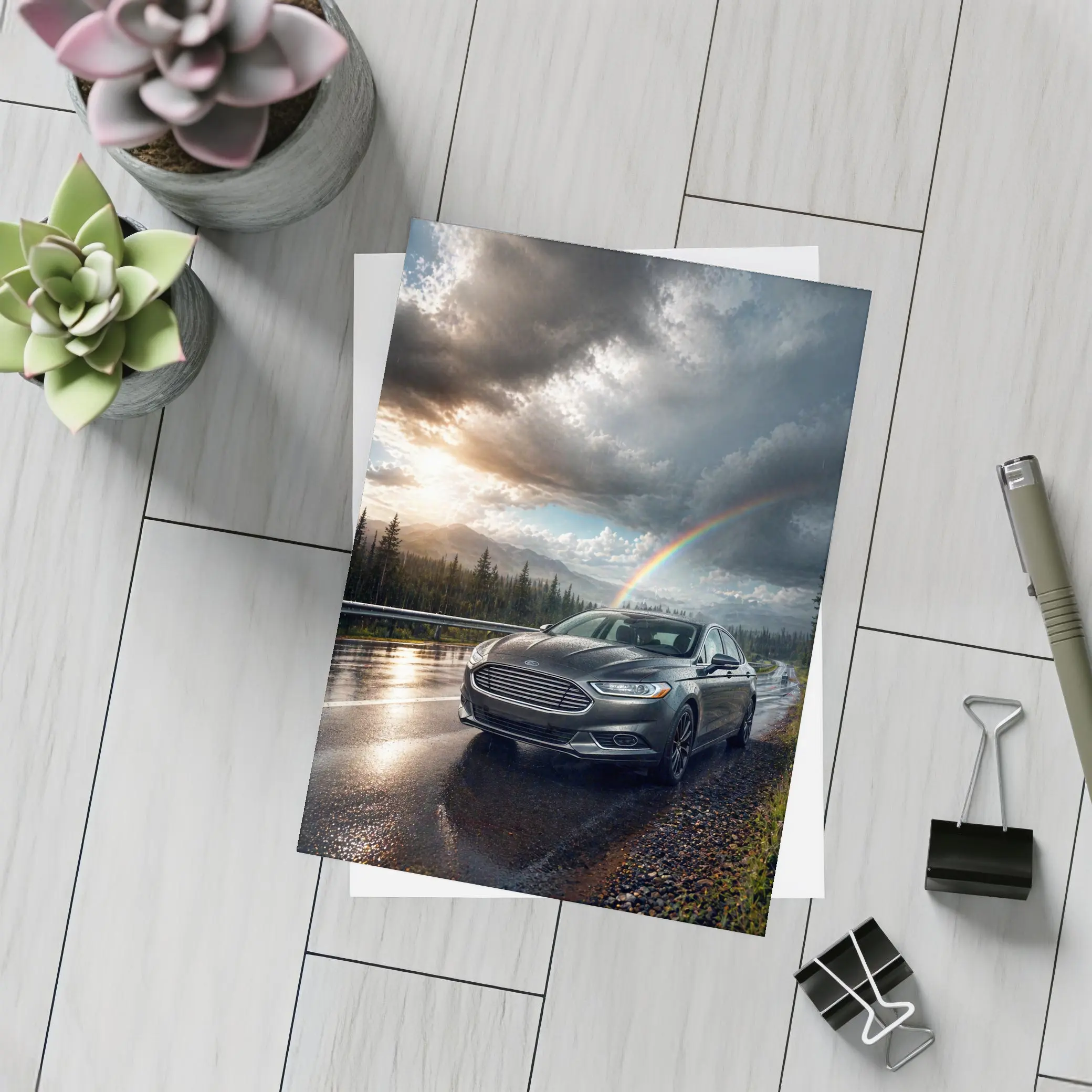 Ford Fusion On Rainy Mountain Road Rainbow – Postcards