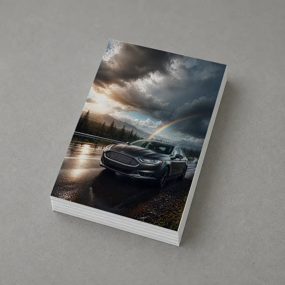 Ford Fusion On Rainy Mountain Road Rainbow – Postcards