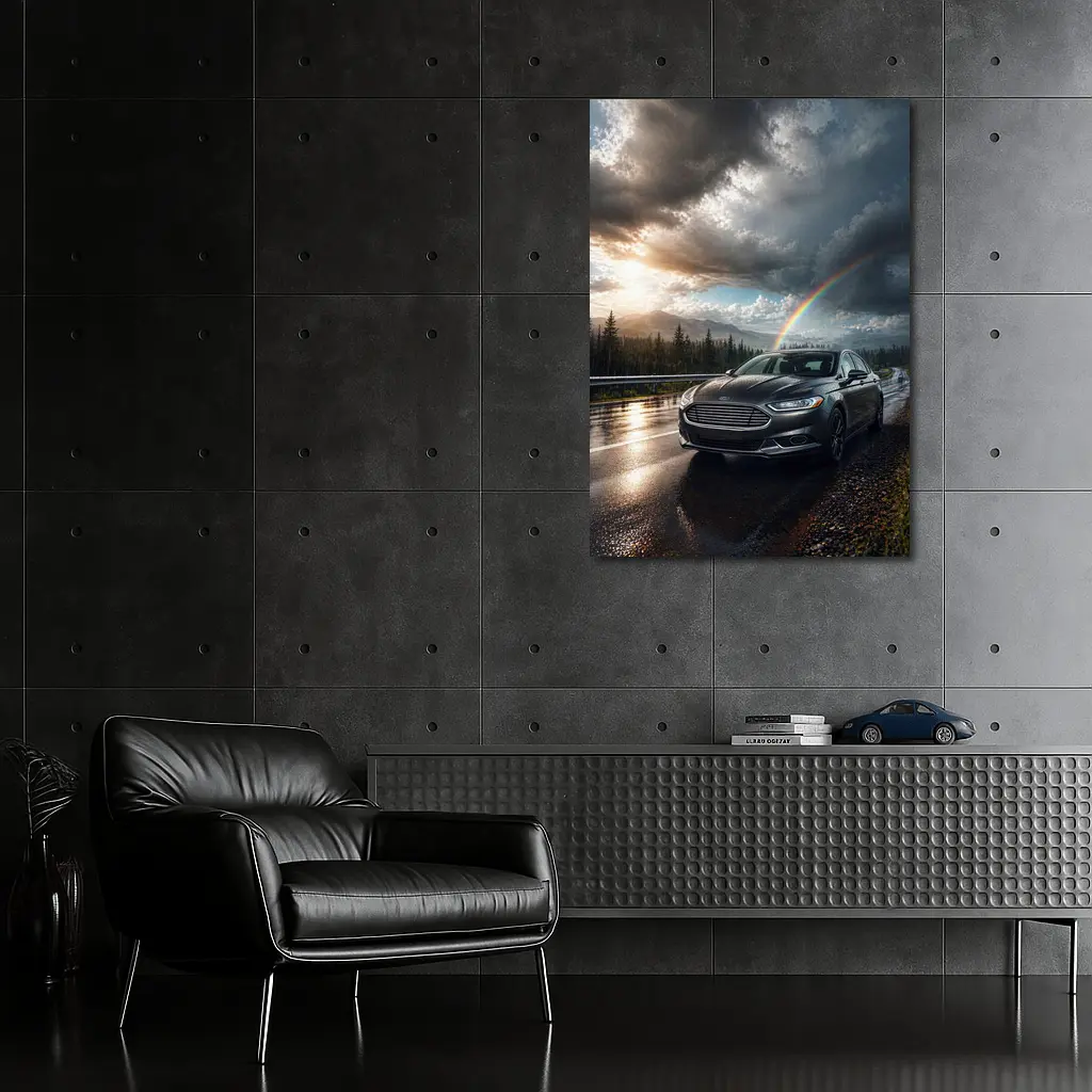Ford Fusion On Rainy Mountain Road Rainbow – Wall Art
