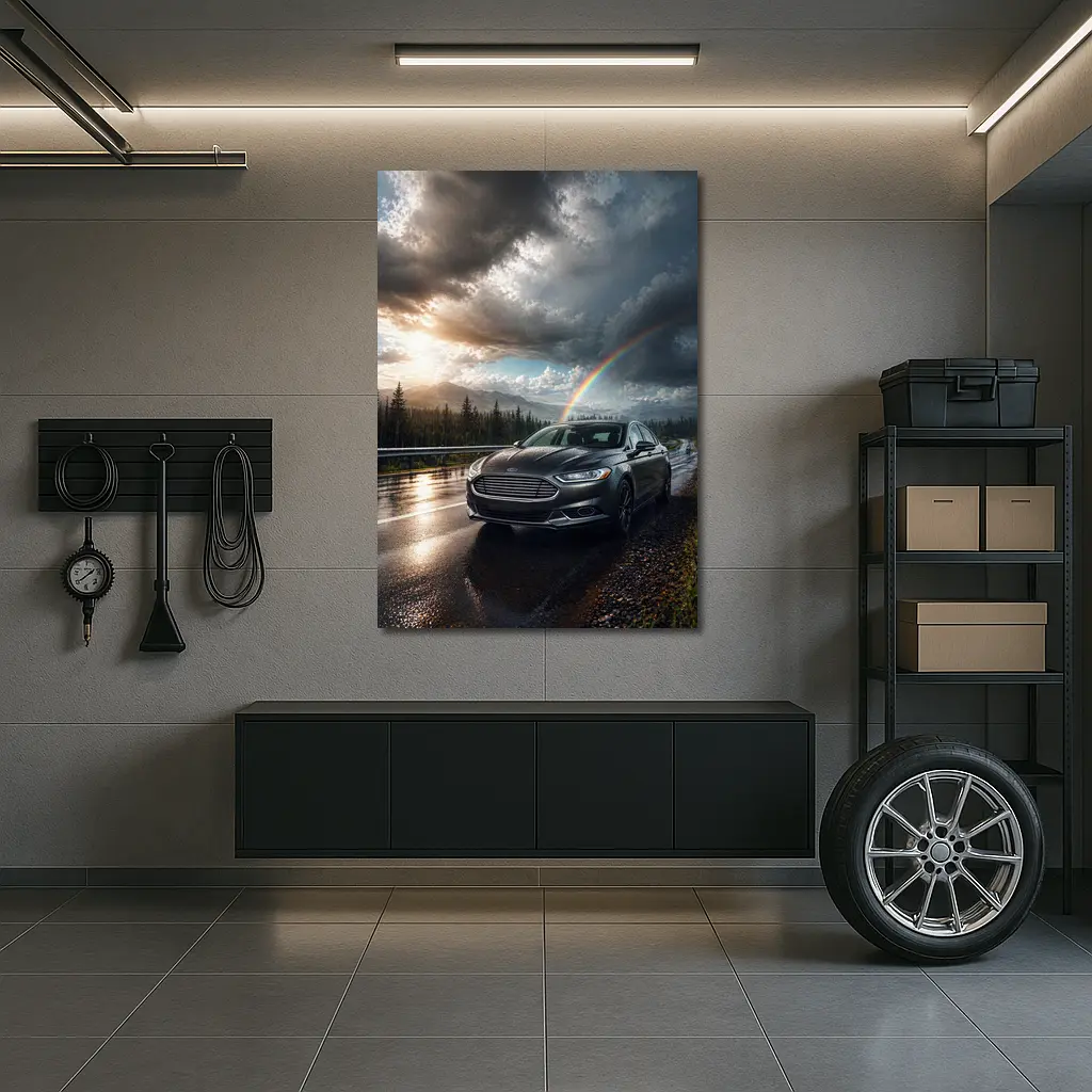 Ford Fusion On Rainy Mountain Road Rainbow – Wall Art