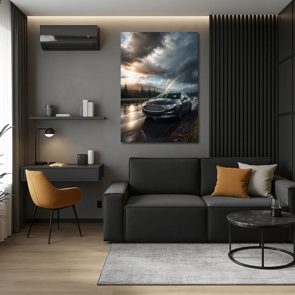 Ford Fusion On Rainy Mountain Road Rainbow – Wall Art