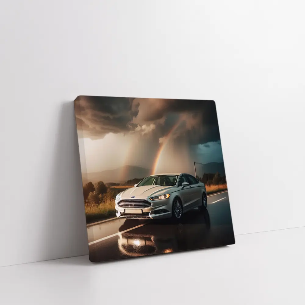 Ford Fusion White Sedan Stormy Rainbow Road – Wall Art