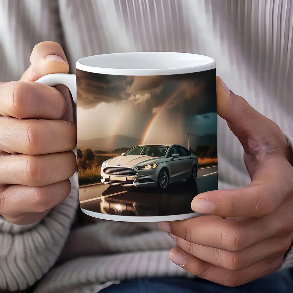 Ford Fusion White Sedan Stormy Rainbow Road – Mugs