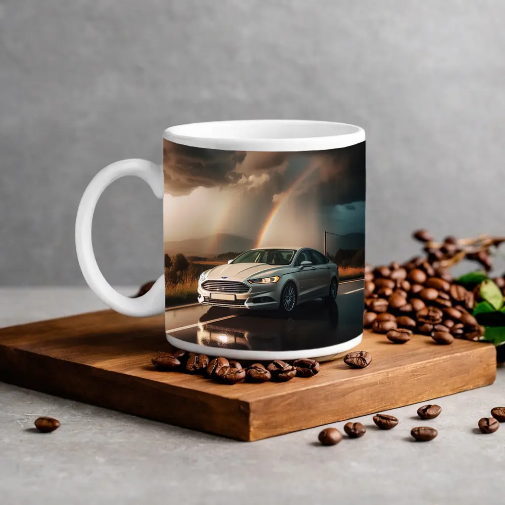 Ford Fusion White Sedan Stormy Rainbow Road – Mugs