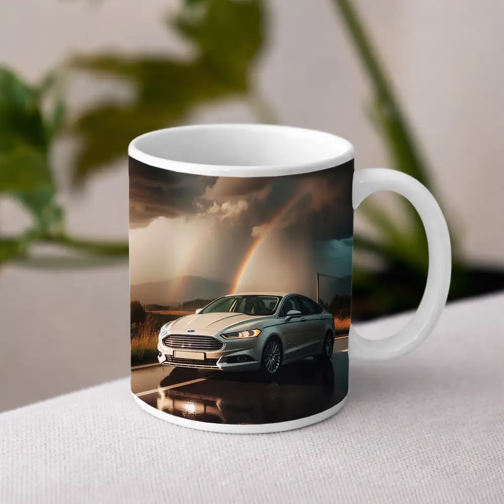 Ford Fusion White Sedan Stormy Rainbow Road – Mugs