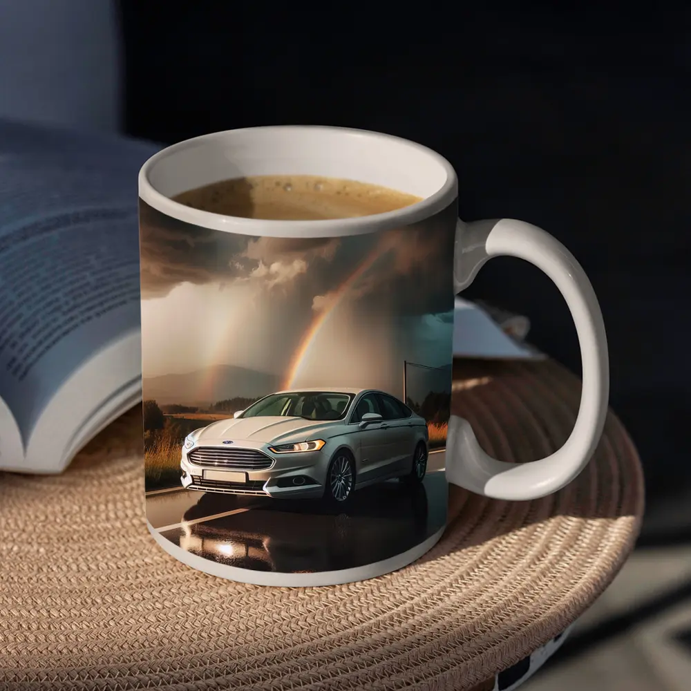 Ford Fusion White Sedan Stormy Rainbow Road – Mugs