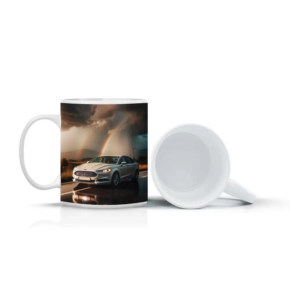 Ford Fusion White Sedan Stormy Rainbow Road – Mugs