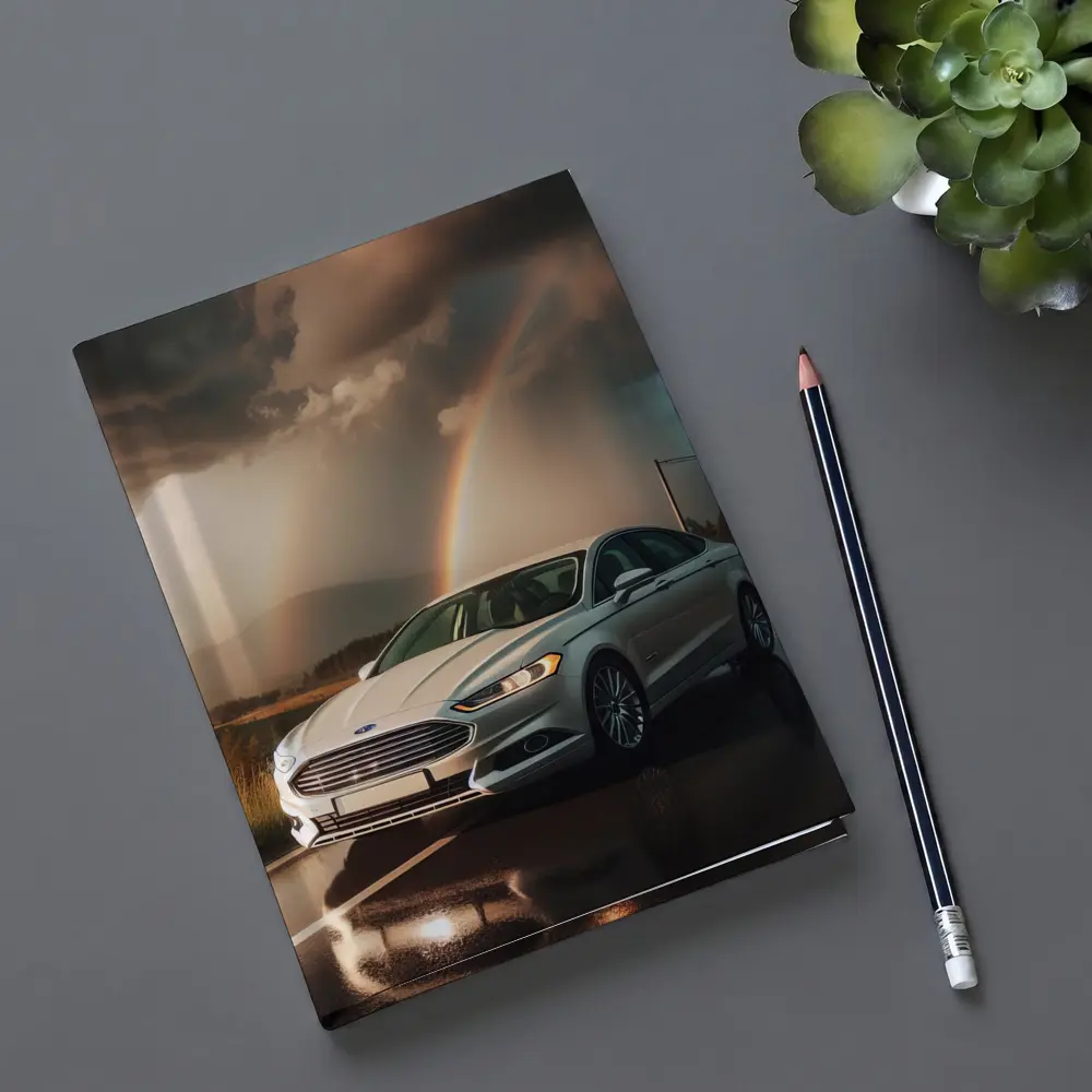 Ford Fusion White Sedan Stormy Rainbow Road – Notebooks