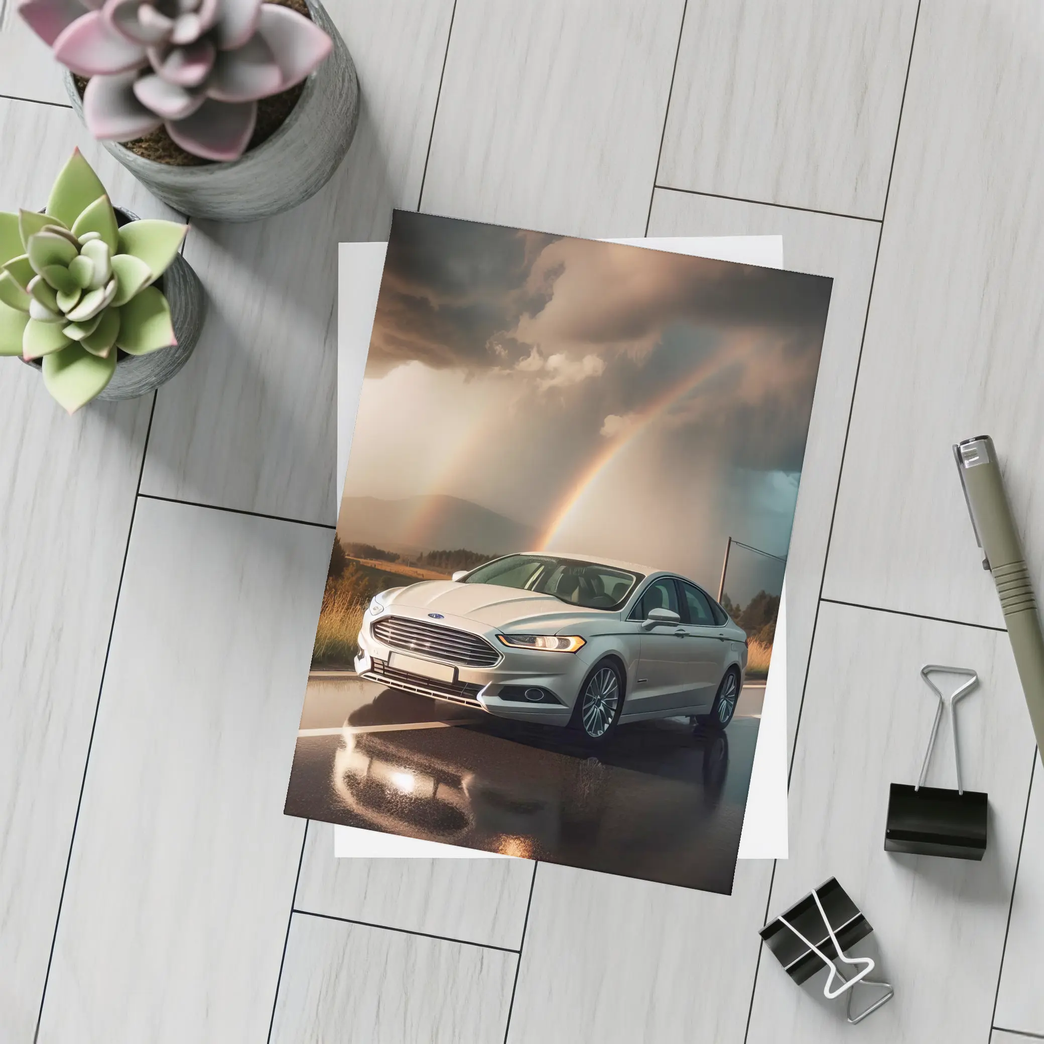Ford Fusion White Sedan Stormy Rainbow Road – Postcards