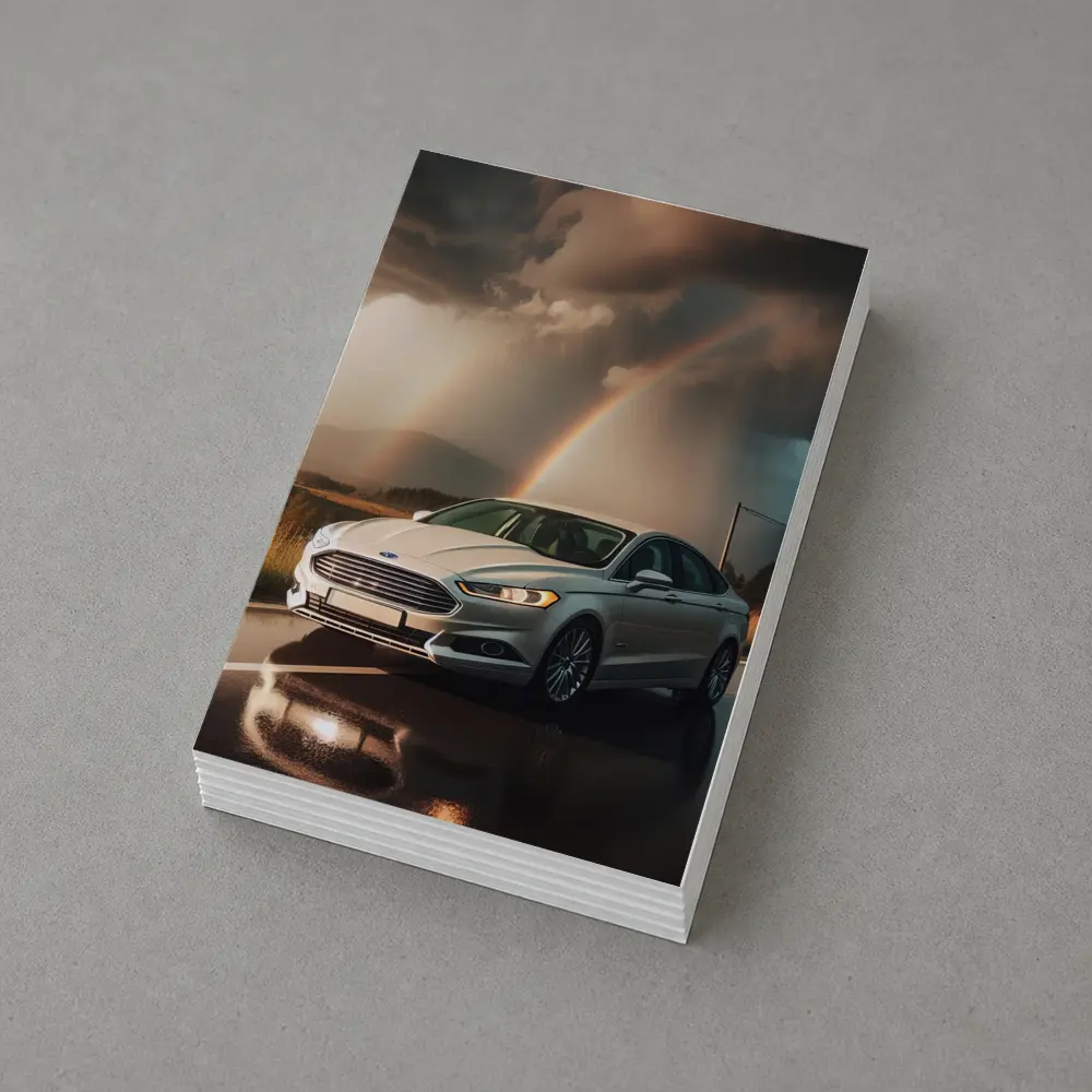 Ford Fusion White Sedan Stormy Rainbow Road – Postcards