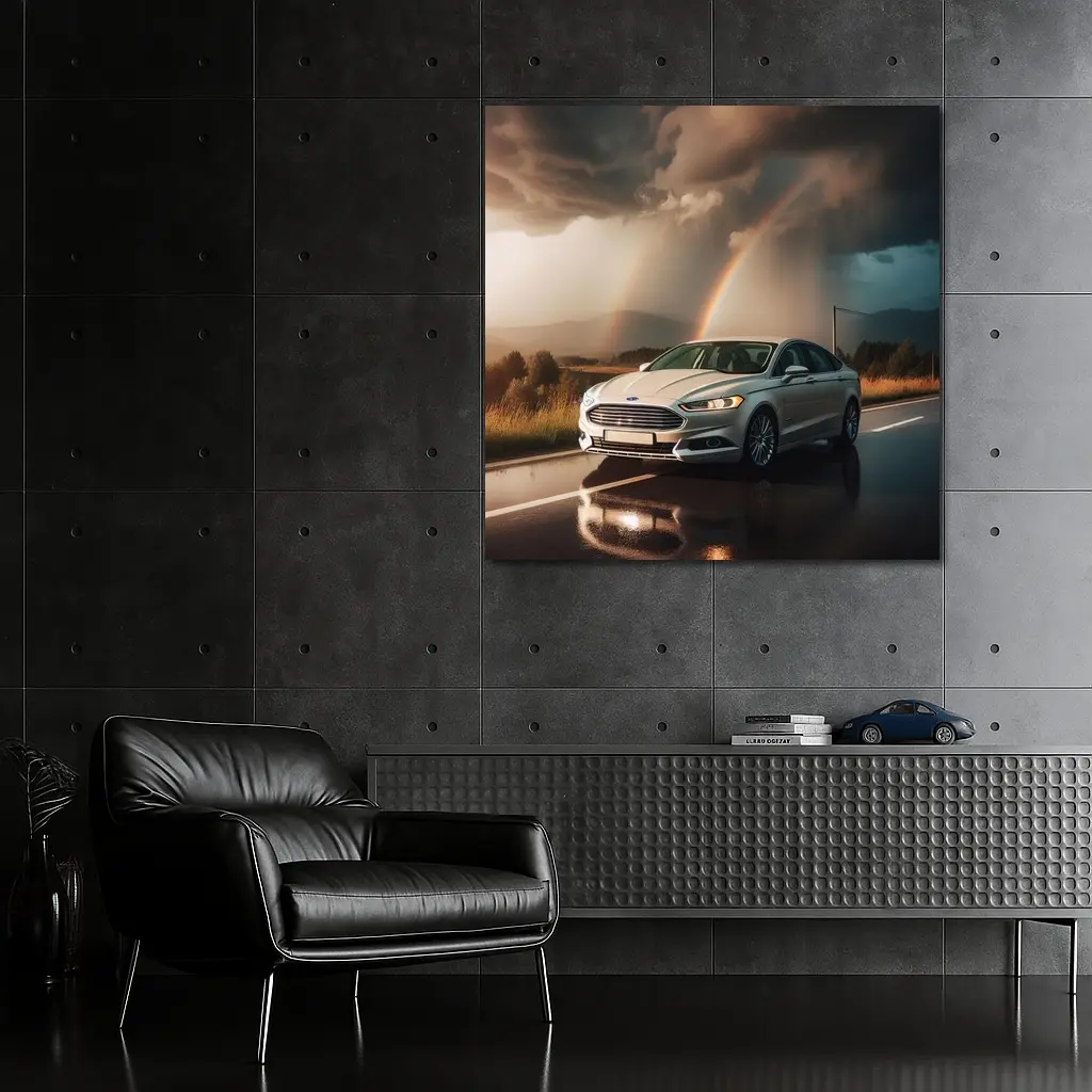 Ford Fusion White Sedan Stormy Rainbow Road – Wall Art