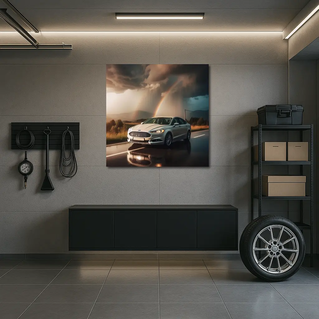Ford Fusion White Sedan Stormy Rainbow Road – Wall Art
