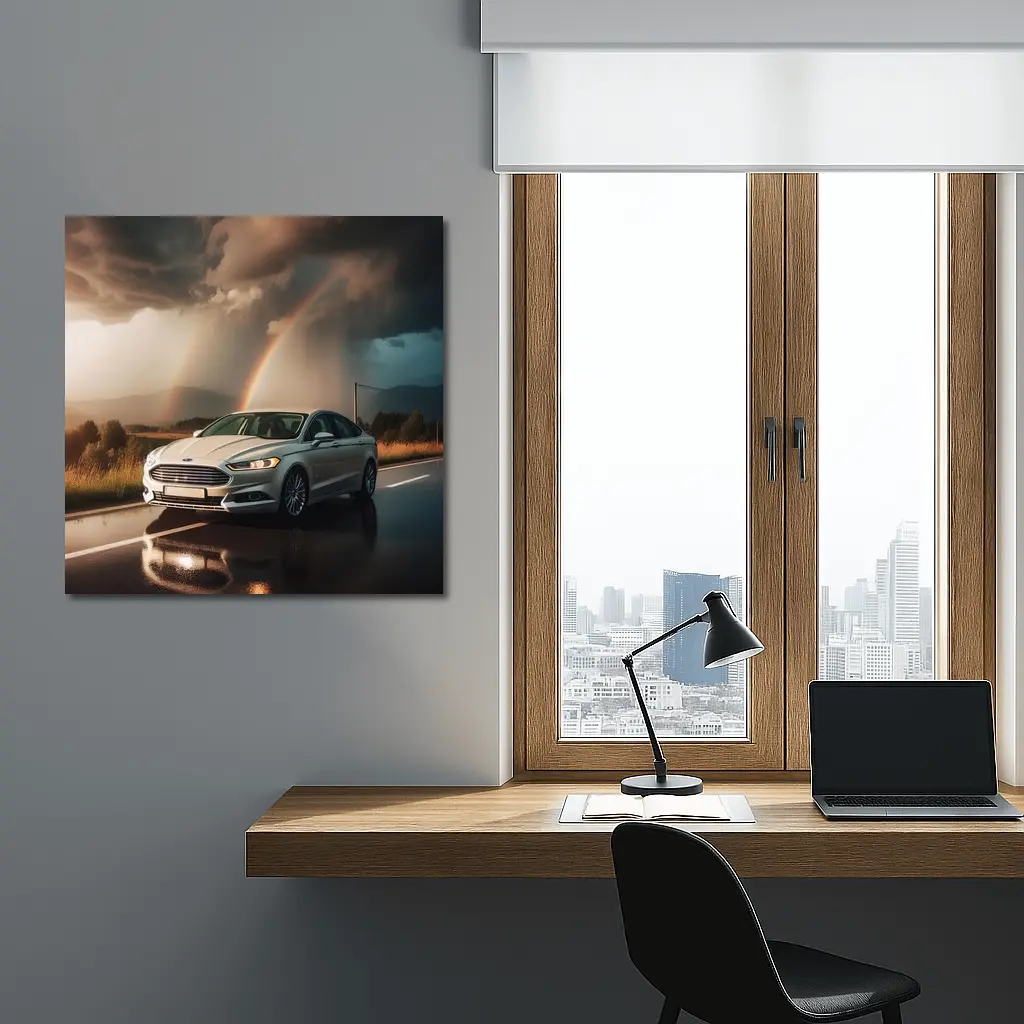 Ford Fusion White Sedan Stormy Rainbow Road – Wall Art