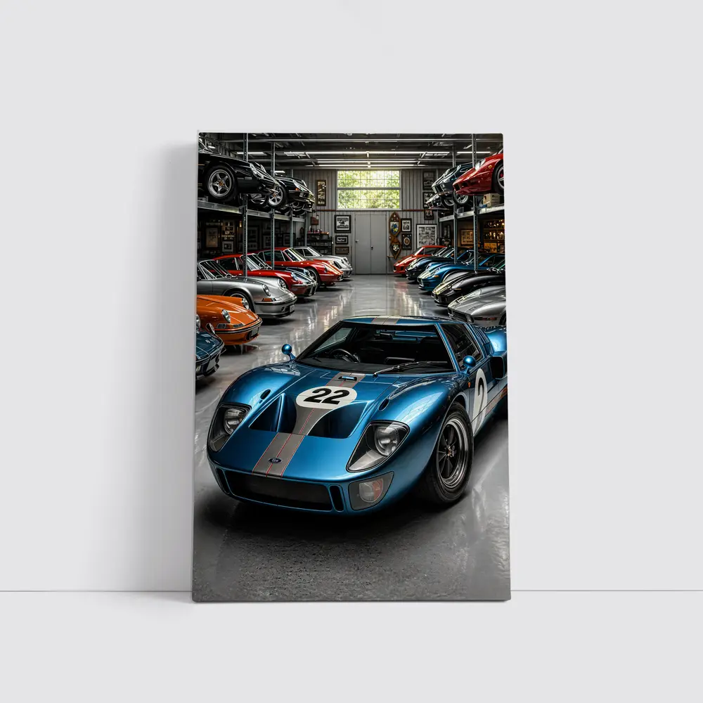 Ford GT40 Racing Car Collector Garage Scene – Wall Art