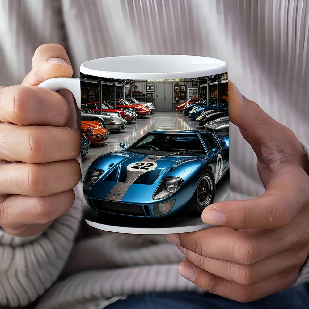Ford GT40 Racing Car Collector Garage Scene – Mugs