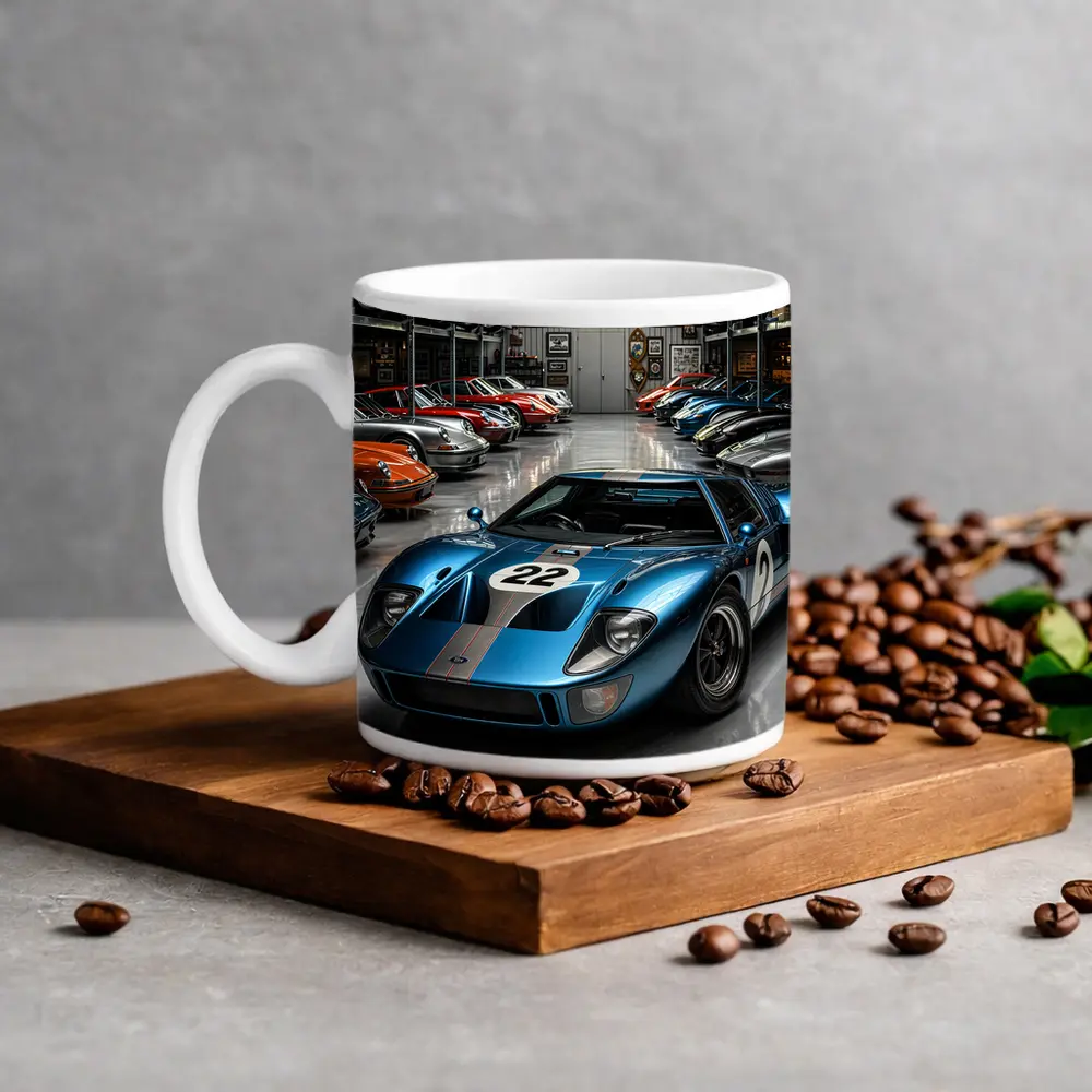 Ford GT40 Racing Car Collector Garage Scene – Mugs