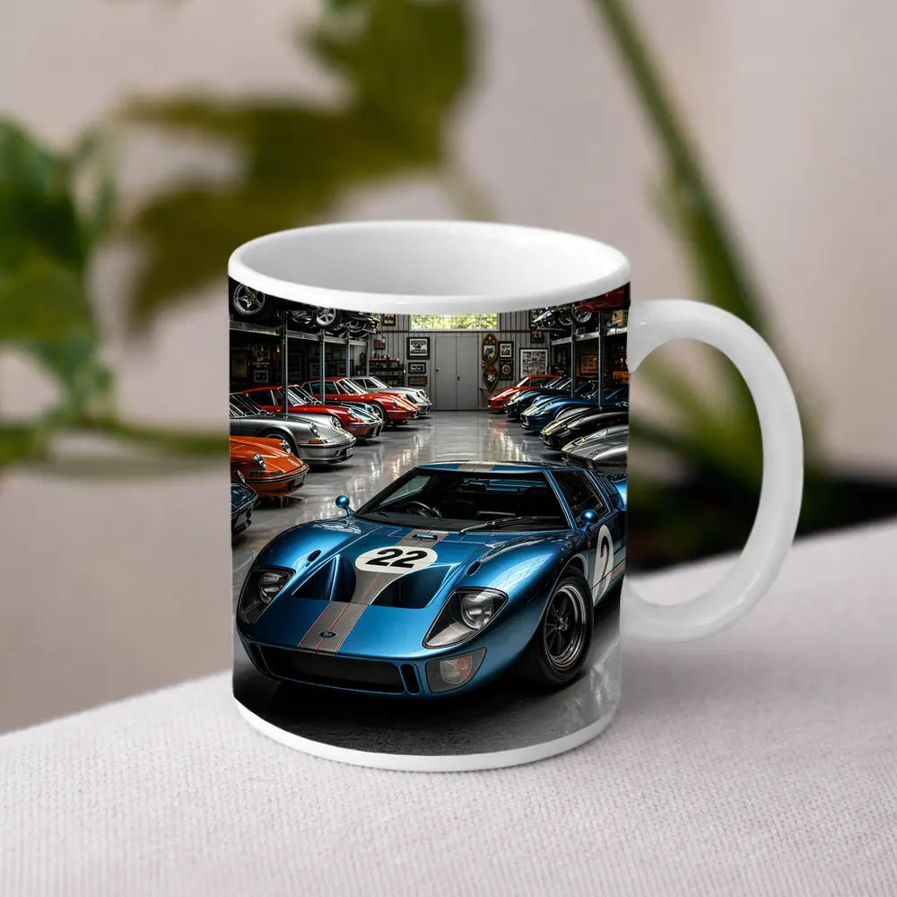 Ford GT40 Racing Car Collector Garage Scene – Mugs