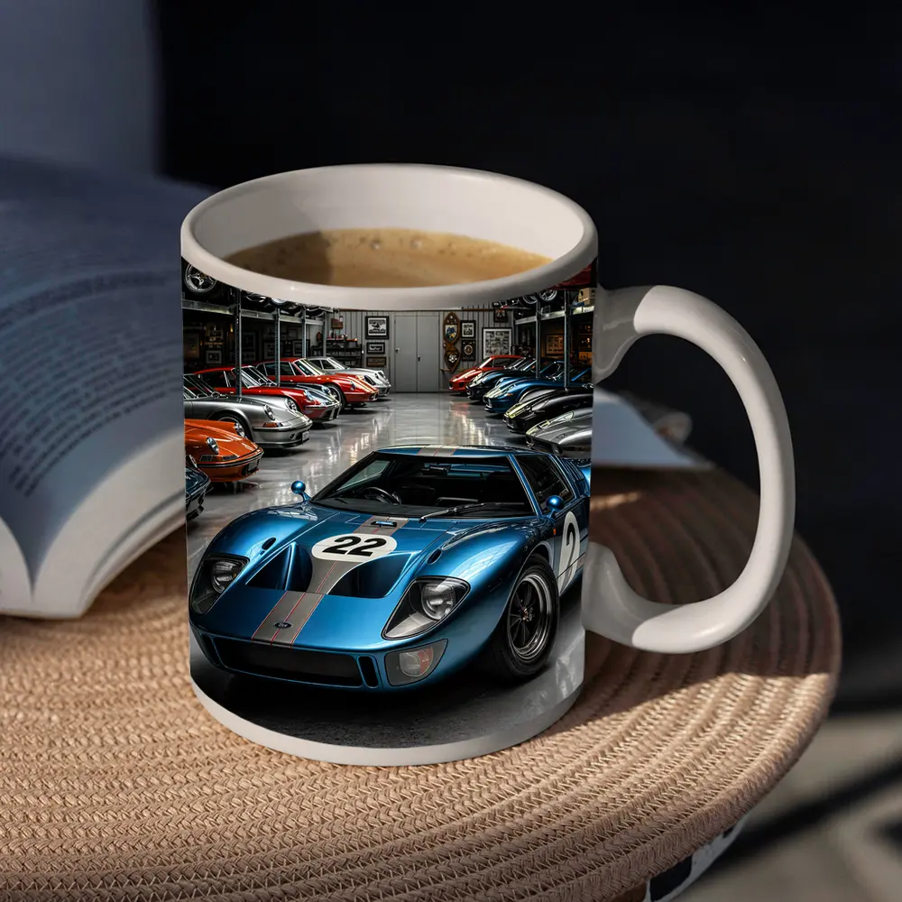 Ford GT40 Racing Car Collector Garage Scene – Mugs