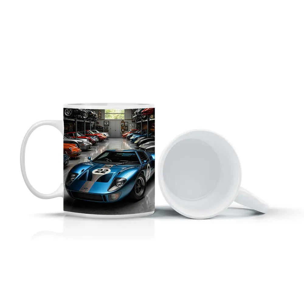 Ford GT40 Racing Car Collector Garage Scene – Mugs