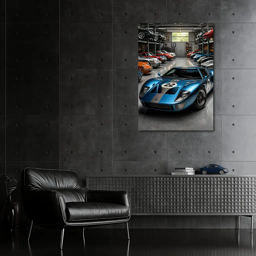 Ford GT40 Racing Car Collector Garage Scene – Wall Art