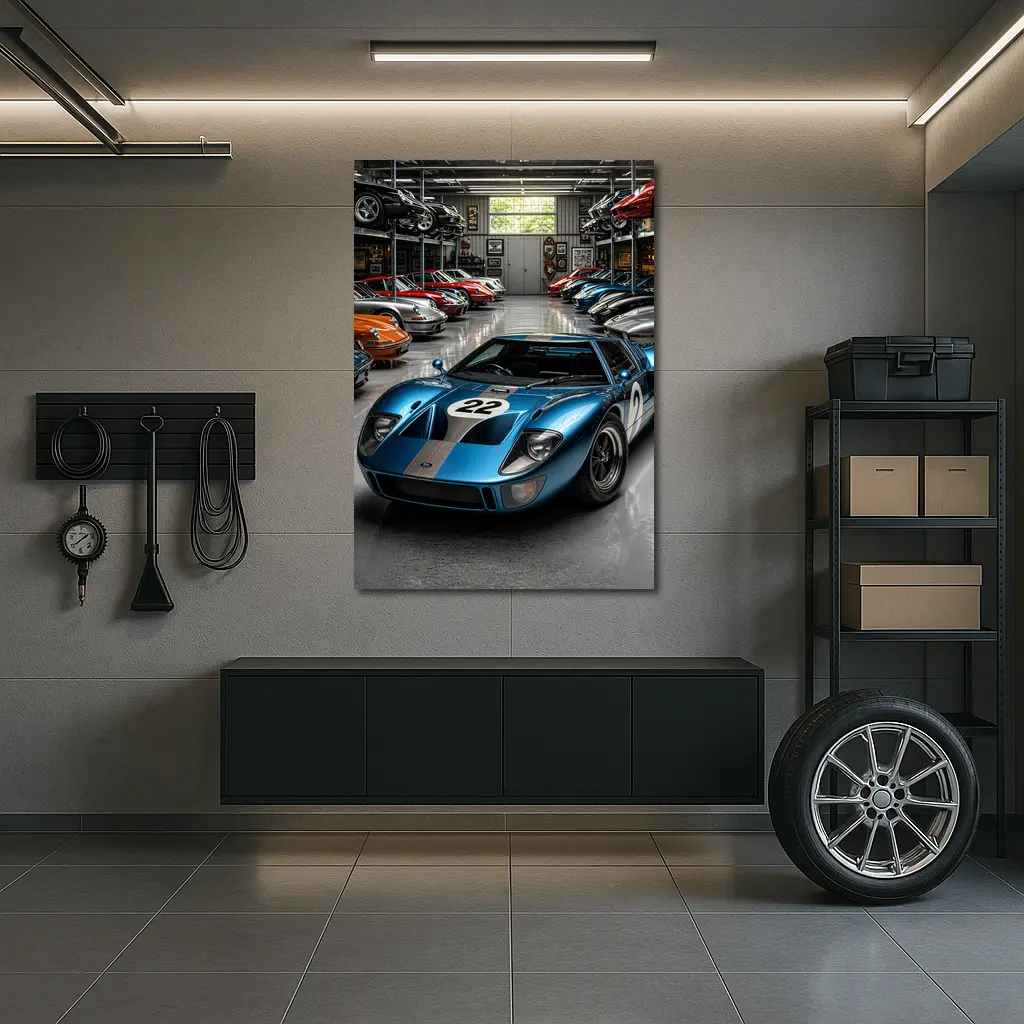 Ford GT40 Racing Car Collector Garage Scene – Wall Art