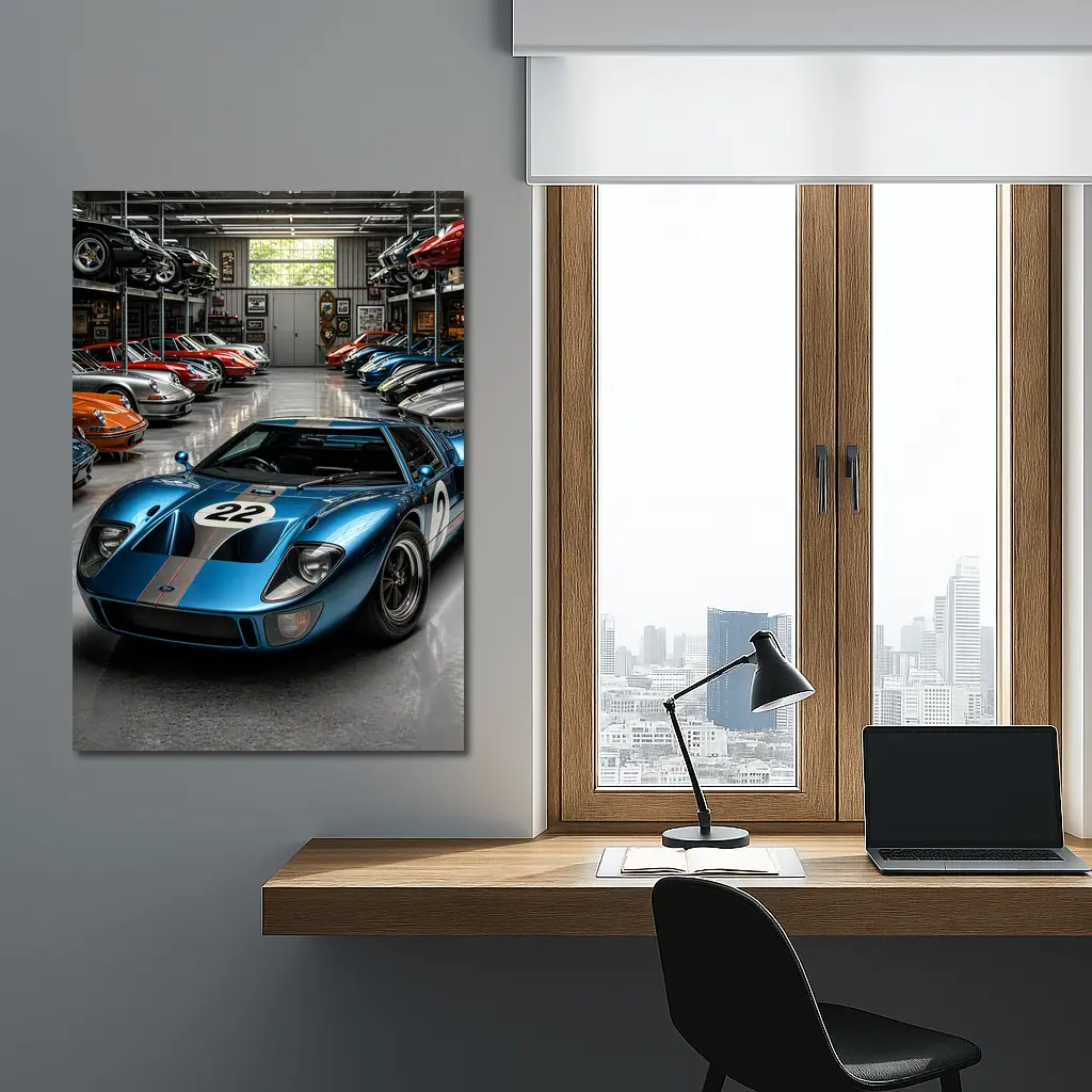 Ford GT40 Racing Car Collector Garage Scene – Wall Art