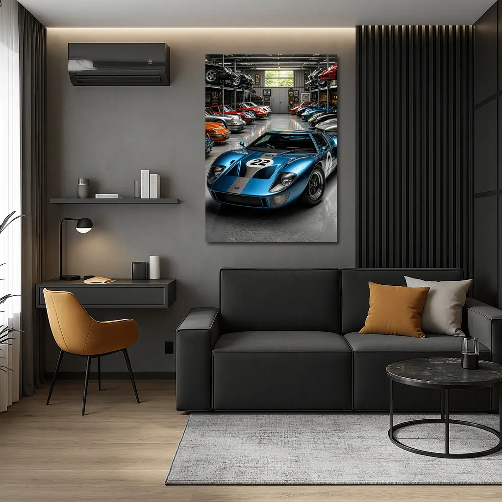 Ford GT40 Racing Car Collector Garage Scene – Wall Art