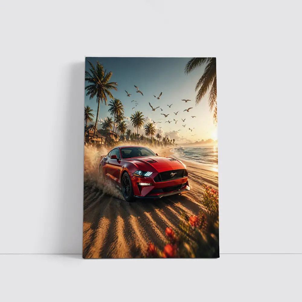 Ford Mustang Red Car Beach Sunset – Wall Art