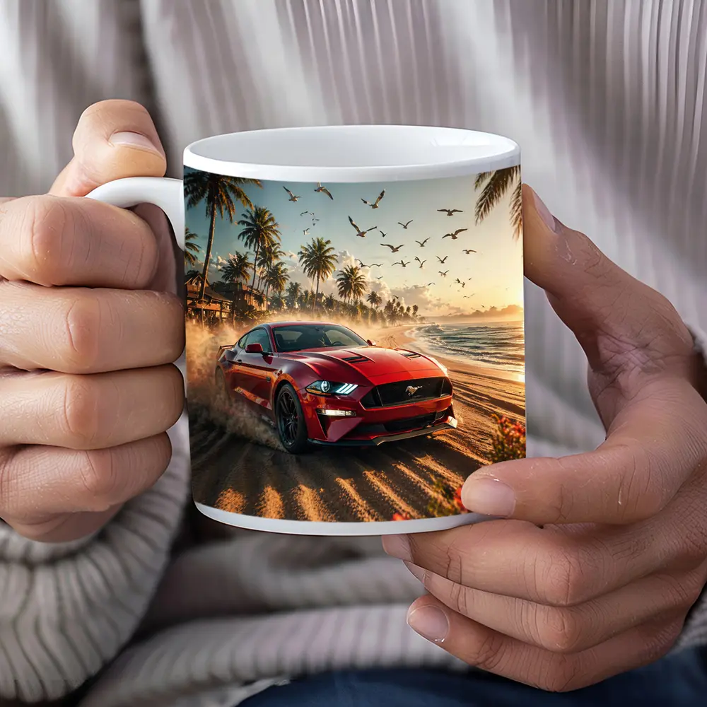 Ford Mustang Red Car Beach Sunset – Mugs