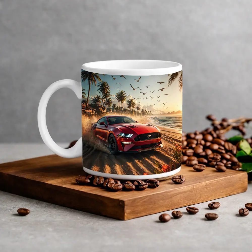 Ford Mustang Red Car Beach Sunset – Mugs