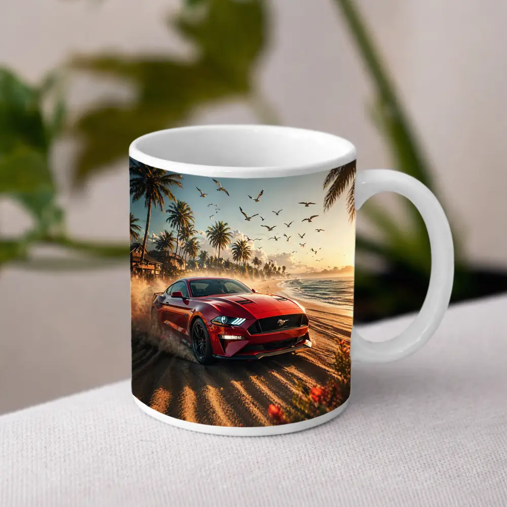 Ford Mustang Red Car Beach Sunset – Mugs