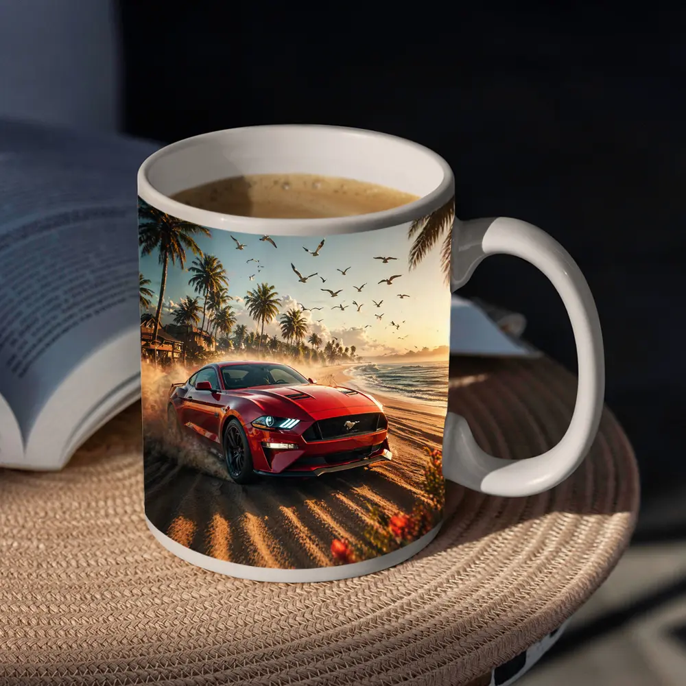 Ford Mustang Red Car Beach Sunset – Mugs