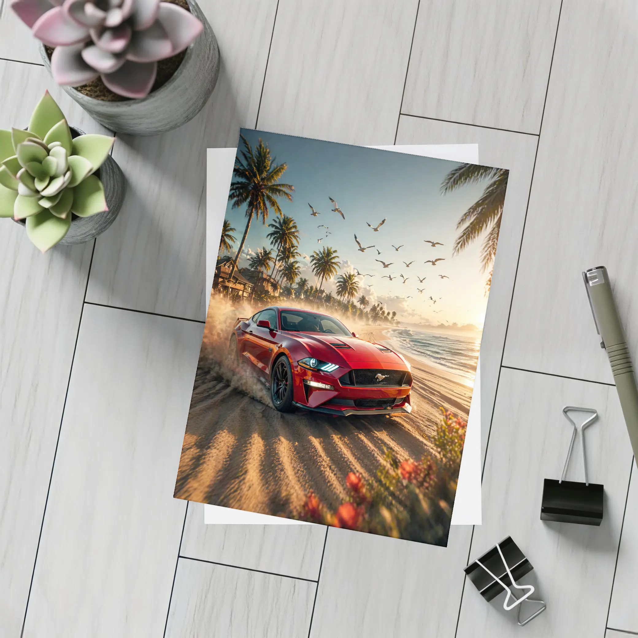 Ford Mustang Red Car Beach Sunset – Postcards